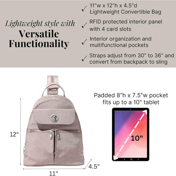 Baggallini Blush Shimmer Naples Convertible Backpack/NWT - Picture 8 of 14